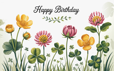 Happy Birthday with Yellow Buttercups and Pink Clover Flowers Illustration on White Background