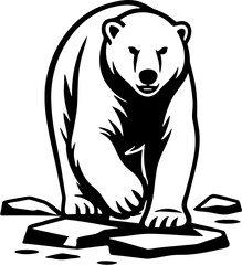 vector line art illustration of polar bear walking on ice block, isolated on white
