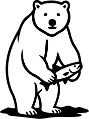 vector line art illustration of a polar bear holding a fish, isolated on white