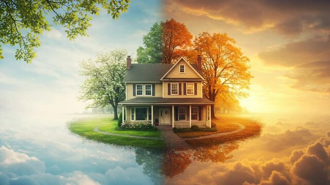 House in a seasonal landscape split by clouds