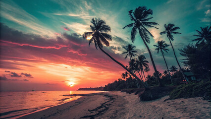 Vibrant tropical beach at sunset with silhouetted palm trees and dramatic colorful clouds over the ocean