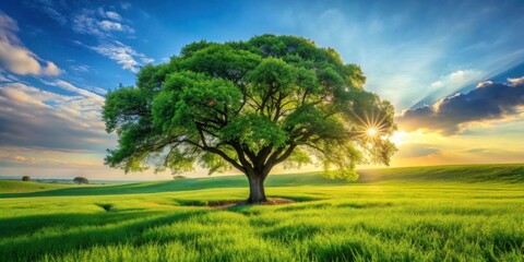 Serene Sunset Landscape Featuring a Majestic Oak Tree in a Verdant Field