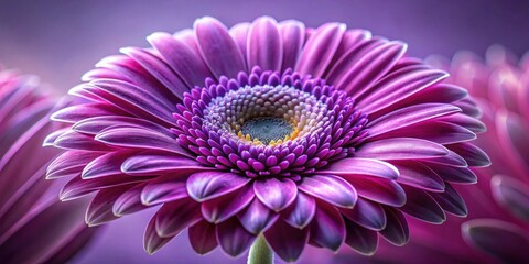 Close-up view of a vibrant purple gerbera daisy, showcasing its intricate details and delicate petals in soft lighting.