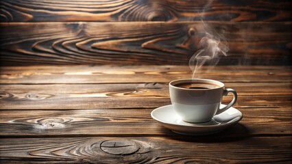 Aromatic Coffee Steam Rising from a White Mug on Rustic Wooden Table