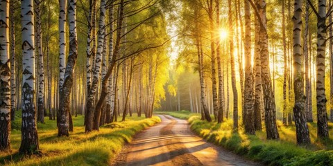 Golden Sunlight Illuminates a Picturesque Dirt Road Winding Through a Lush Birch Forest