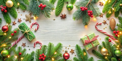 Festive Holiday Season Border Featuring Evergreen Branches, Ornaments, Candy Canes, and Gifts on White Wood