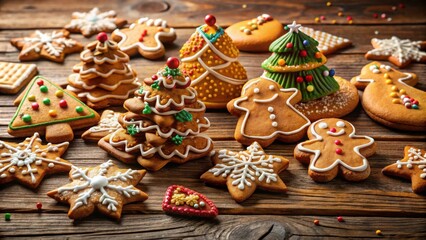 A delightful assortment of festive gingerbread cookies, intricately decorated with icing and colorful sprinkles, rests on a rustic wooden surface.