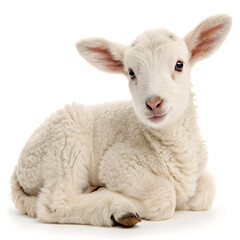 Fototapeta premium A fluffy white lamb lying down with its head up looking directly at the viewer on a white background