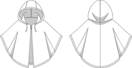 Technical flat sketch hooded cape poncho with zipper and drawstring, vector fashion illustration for outerwear, front and back design layout