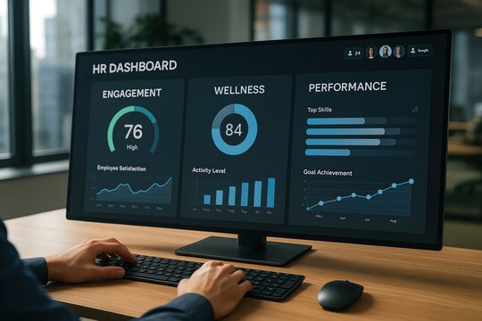 A person analyzing HR metrics on a digital dashboard display.