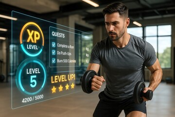 Man lifting weights with digital workout stats overlay.