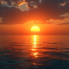 Obraz premium Far away view of the sunset reflecting over the sea and lighting the scenery with a warm glow as the water ripples and wispy clouds in the sky