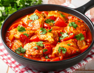 Chicken Paprikash in Cast Iron Pan: Traditional Hungarian Cuisine with Tomatoes, Bell Peppers, and Fresh Cilantro