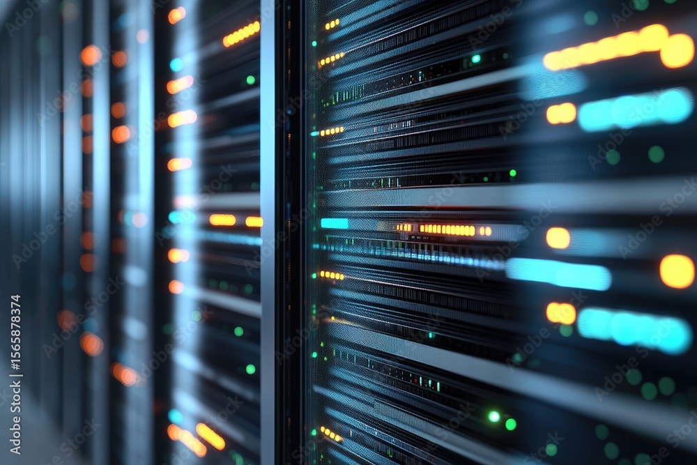 Aufkleber Close-up of illuminated server racks in a high-tech data center, symbolizing secure digital infrastructure, cloud technology, and modern computing and data storage systems