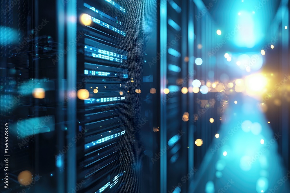 Poster Blurry lights reflecting on server racks in a glowing futuristic data center, representing advanced computing technology, data infrastructure, and digital network systems
