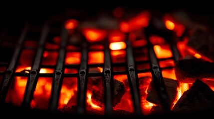 Glowing charcoal embers on a metal grill, fiery warmth in focus
