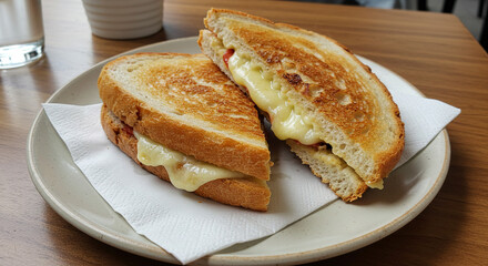 Golden Grilled Cheese Sandwich Cut in Half on Plate with Melted Cheese Pull, Restaurant Food Photography