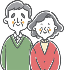 笑顔で寄り添うシニア夫婦の上半身　ベクター
