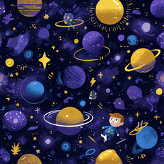 Adorable seamless pattern of cartoon children astronauts floating in colorful space with planets, stars and cosmic elements - perfect for kids design