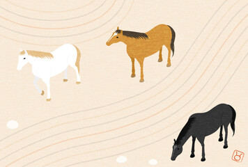 2026年午年の和風年賀状、馬と枯山水のシンプルなアイソメトリックイラスト