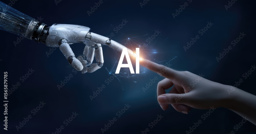 Poster Human and robot hands reaching toward each other with glowing AI text, symbolizing artificial intelligence, human-machine collaboration, and futuristic technological interaction