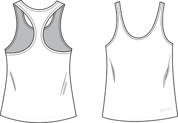 Women’s sports tank top flat sketch front and back, activewear sleeveless shirt technical fashion design cad vector drawing