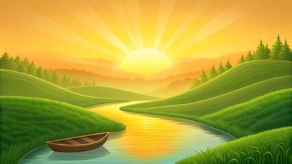 Obraz premium Golden Misty River Valley at Sunrise with Wooden Boat and Forest Silhouettes in Tranquil Dreamlike Light.