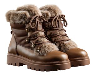 Stylish women s winter boots with fur in a brown color isolated on a transparent background PNG