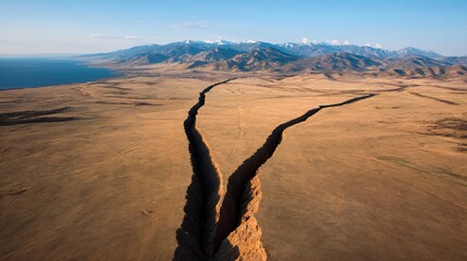 dramatic landscape showing split mountain ridge after massive quake, geological fracture