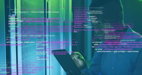 IT technician interacting with tablet in server room checking data causing animated code floating - Powered by Adobe