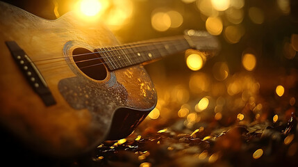 Obraz premium Acoustic Guitar in Golden Light with Bokeh, Autumnal and Warm To