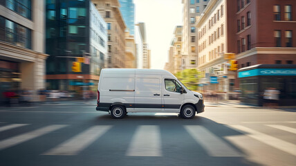 White delivery van speeds through city street with dynamic motion blur effect.