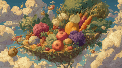 Heavenly cornucopia overflowing with harvest abundance in golden clouds - perfect for Thanksgiving gratitude and seasonal celebration themes