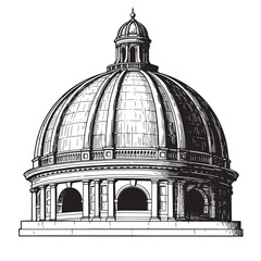 Fototapeta premium Detailed architectural black and white illustration of a domed building featuring precise linework and design