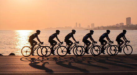 Obraz premium Cyclists ride in formation at dawn along a coastal path