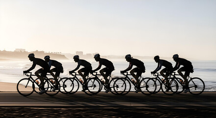 Obraz premium Cyclists ride in formation at dawn along a coastal path