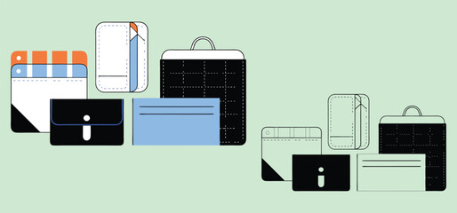 Fototapeta premium Stylized illustration of various wallets and bags arranged on a light green background showcasing accessories