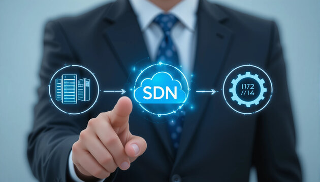 person using virtual touch screen push abbreviation SDN. Data transmission network virtualization using software.new technology.