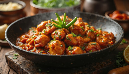 Fototapeta premium Delicious Aromatic Chicken Curry in a Cast Iron Pan