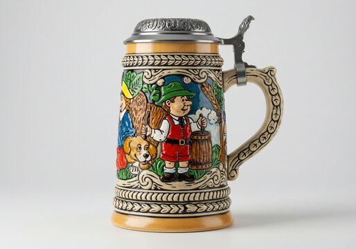 Bavarian Beer Stein with Boy, Dog, and Barrel Scene on White Background