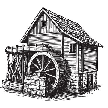 Detailed grayscale illustration of a historic wooden watermill showcasing architecture and intricate mechanical workings.
