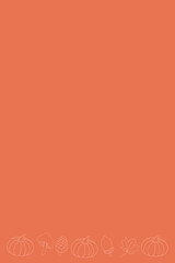 Vertical autumn-toned orange background decorated with sketch lines of pumpkins, pinecones, acorns, and maple leaves