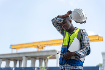 Tired Construction Worker Wiping Sweat Under the Hot Sun, Exhausted Engineer Taking a Break at...