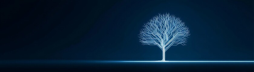 Tackling Coding Challenges with Advanced Algorithm Solutions, A glowing tree silhouette against a dark background, symbolizing life and nature.