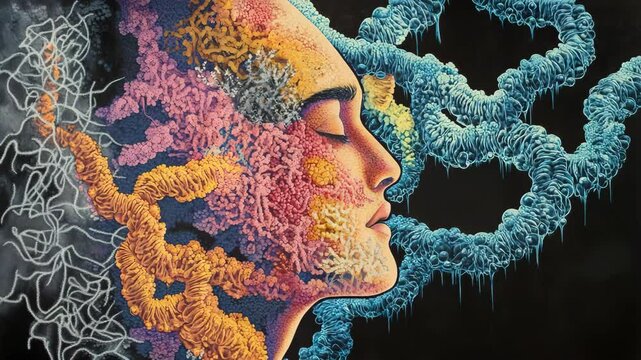 A painting of a woman 's face with a brain in the background