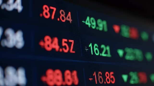 Closeup financial stock market display showing fluctuating numbers and indicators