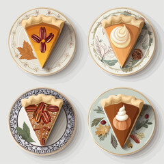 Elegant autumn desserts featuring pecan pie slices and whole pie on vintage decorative plates with fall leaf patterns, perfect for Thanksgiving celebrations