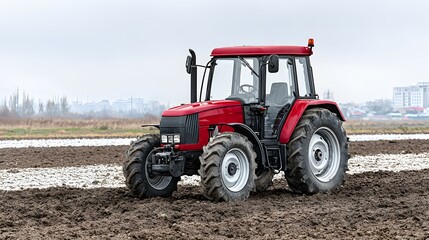 Obraz premium Red tractor on a field cloudy sky background agricultural machinery farming equipment.