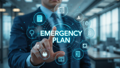 Businessman touching EMERGENCY PLAN text button to learn and prepare in emergency situation. Concept of emergency response plan.new technology