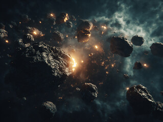 crystalline asteroid field in a glowing nebula